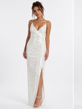 Kalinnu White Sequin Maxi Dress Side Slit Formal Bridal Evening Gown Large NWT